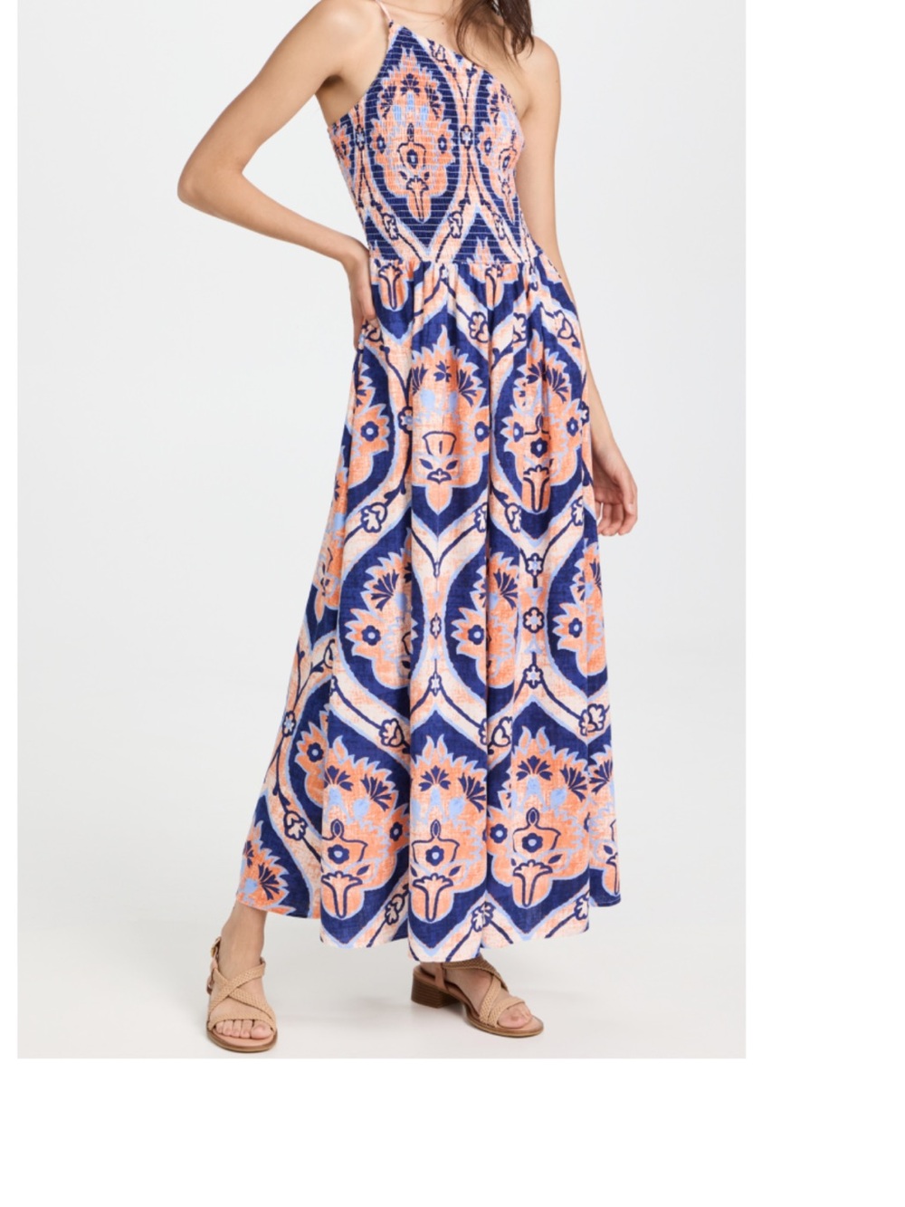 Moon River Peach, Navy & Light Blue Printed Maxi Dress